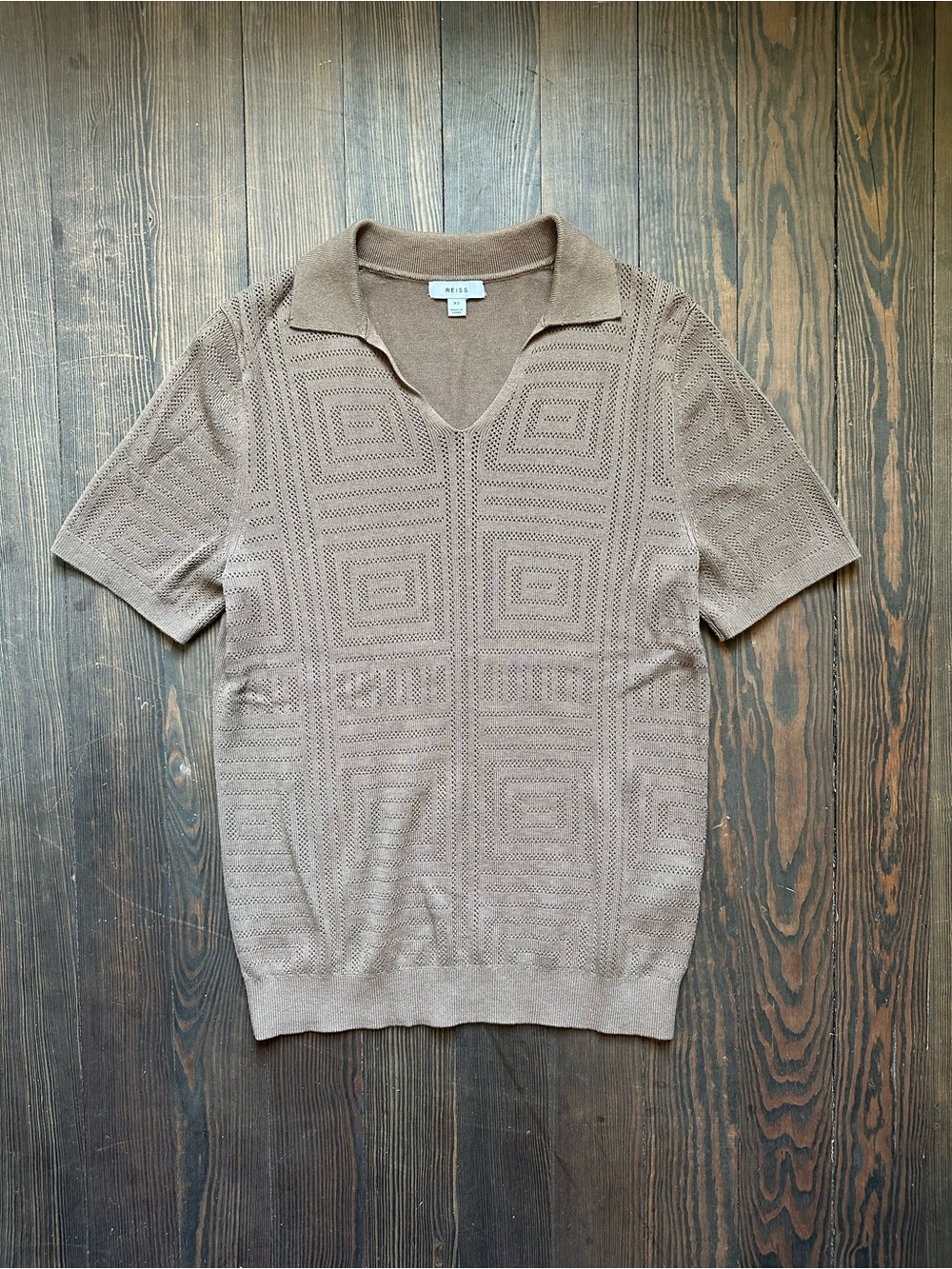 Reiss Men's V‑Neck Pointelle Knit Sweater in Taupe